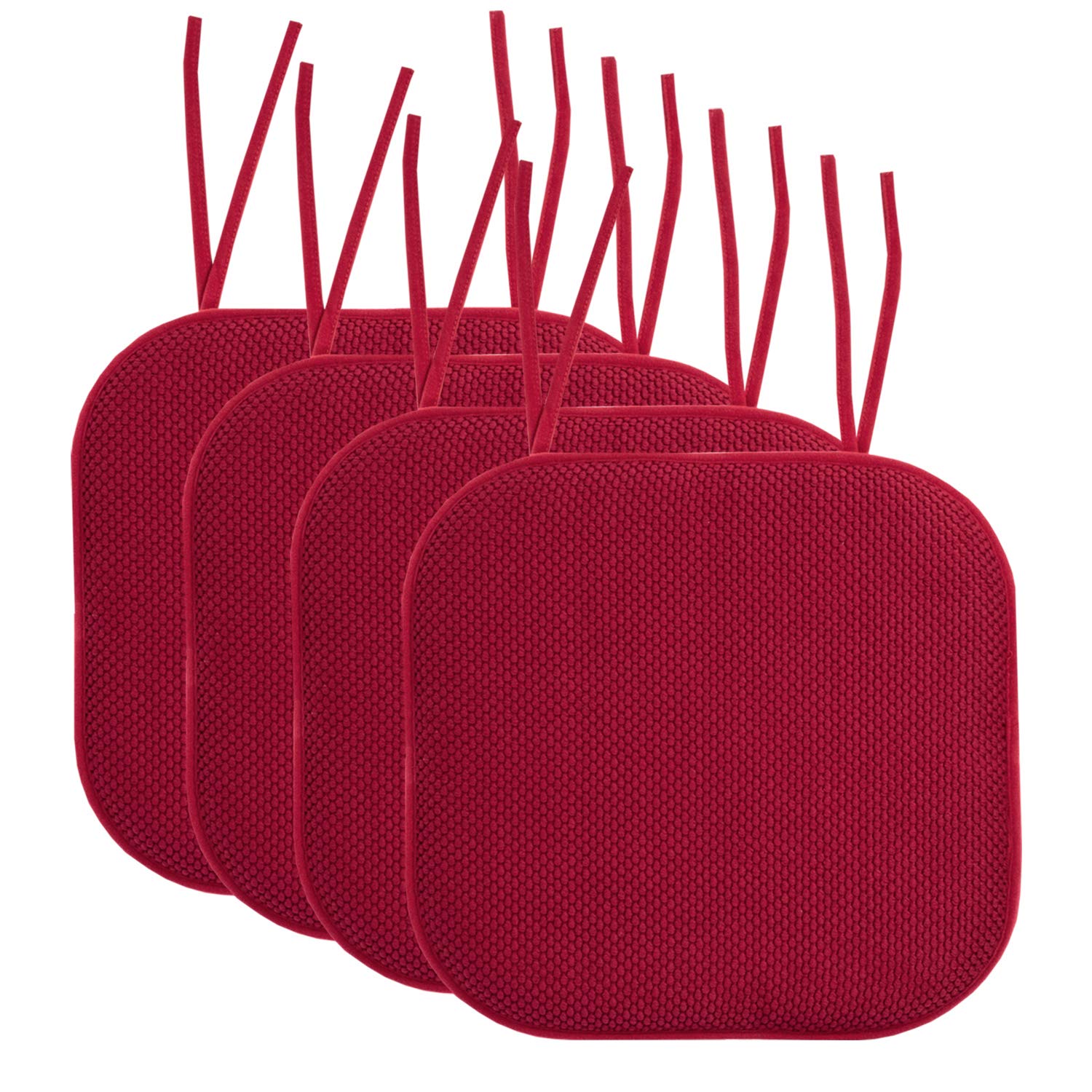 Sweet Home Collection Chair Cushion Memory Foam Pads with Ties Honeycomb Pattern Slip Non Skid Rubber Back Rounded Square 16 inch x 16 inch Seat Cover, 4 Pack, Red 4 Count