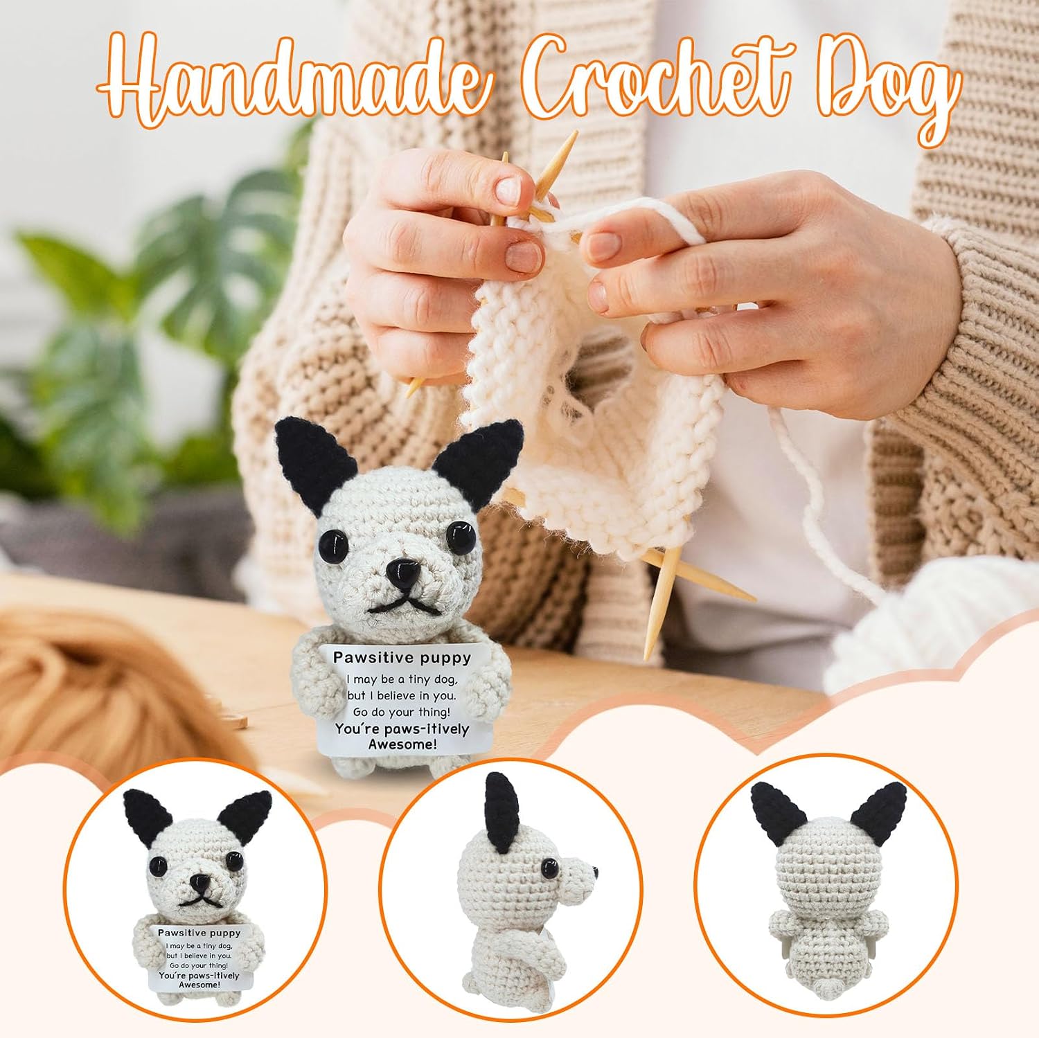 Positive Crochet Dog Birthday for Women Men Funny Inspirational Emotional Support Animal Dog Handmade Crochet French Bulldog Gift Desktop Decor for Her,Him,Dogs Lover,Colleague,Friend