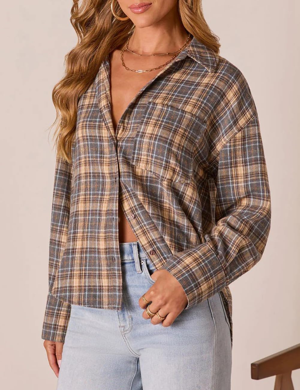 NUOREEL Womens Plaid Flannel Shirts Long Sleeve Button Down Shirts Casual Blouses Tops - Image 3