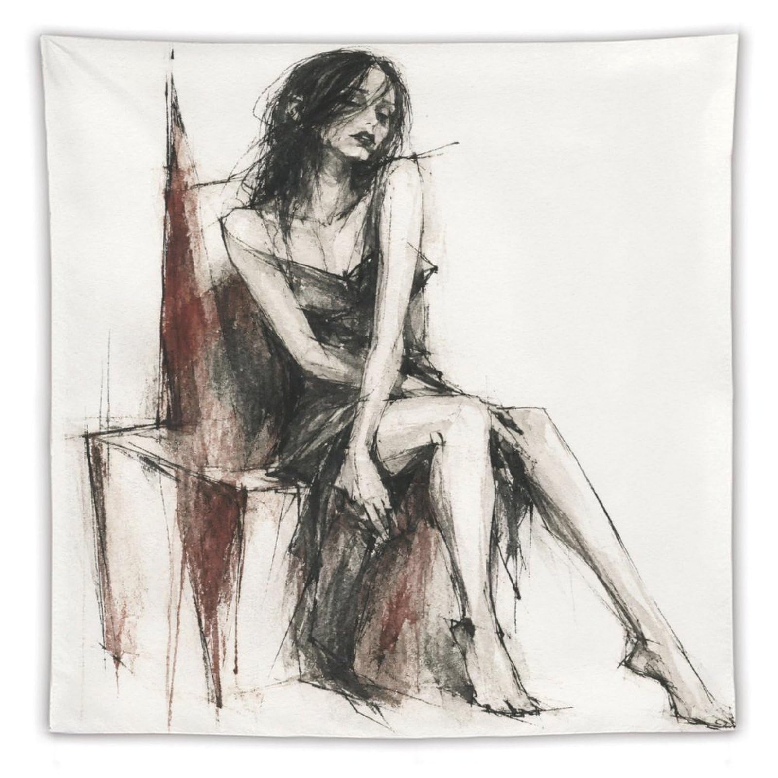 H3B8U2Y5 Seated Woman Charcoal Sketch Wall Tapestry, Realistic Illustration