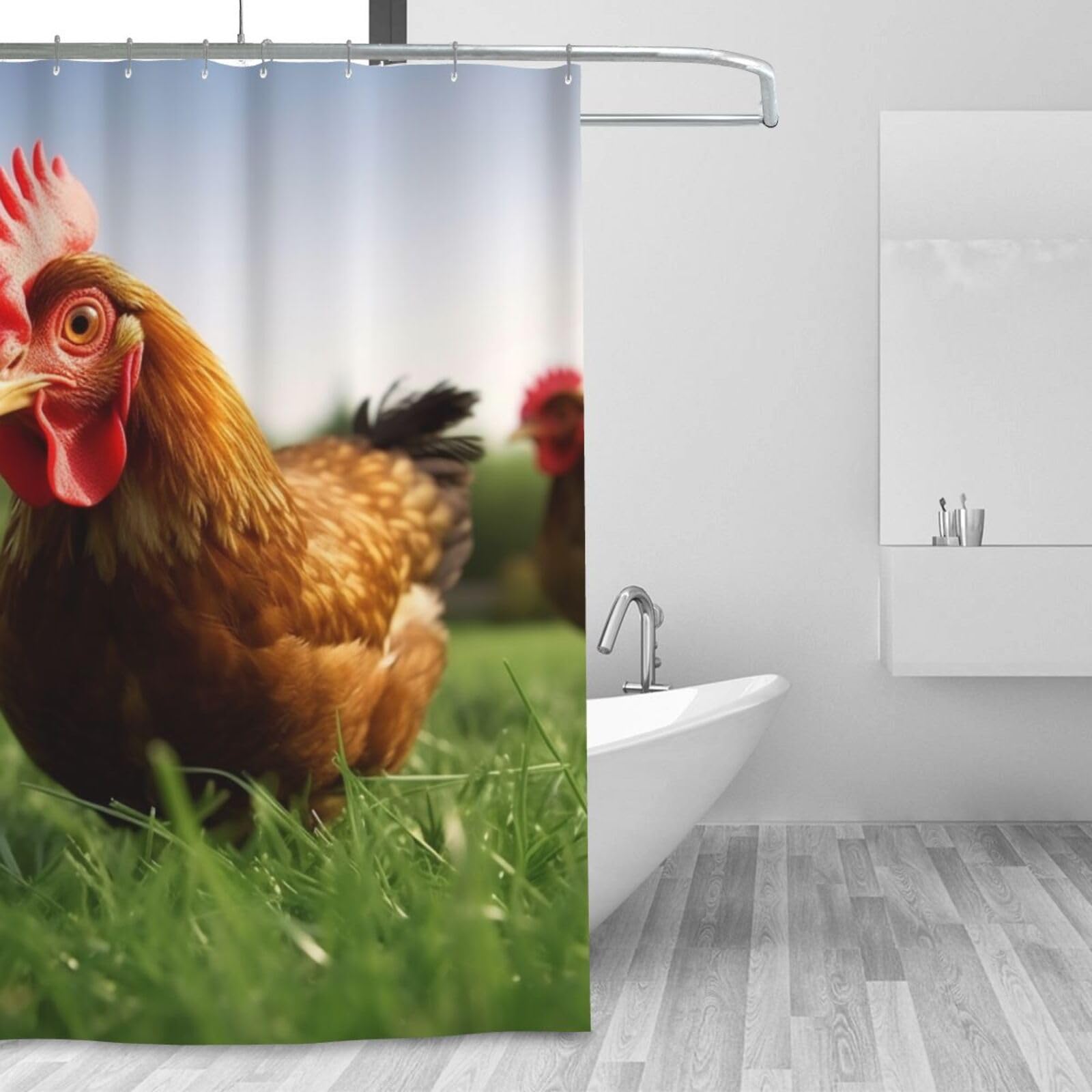 Rideau de douche amusant poulet pour égayer votre salle de bain en hiver