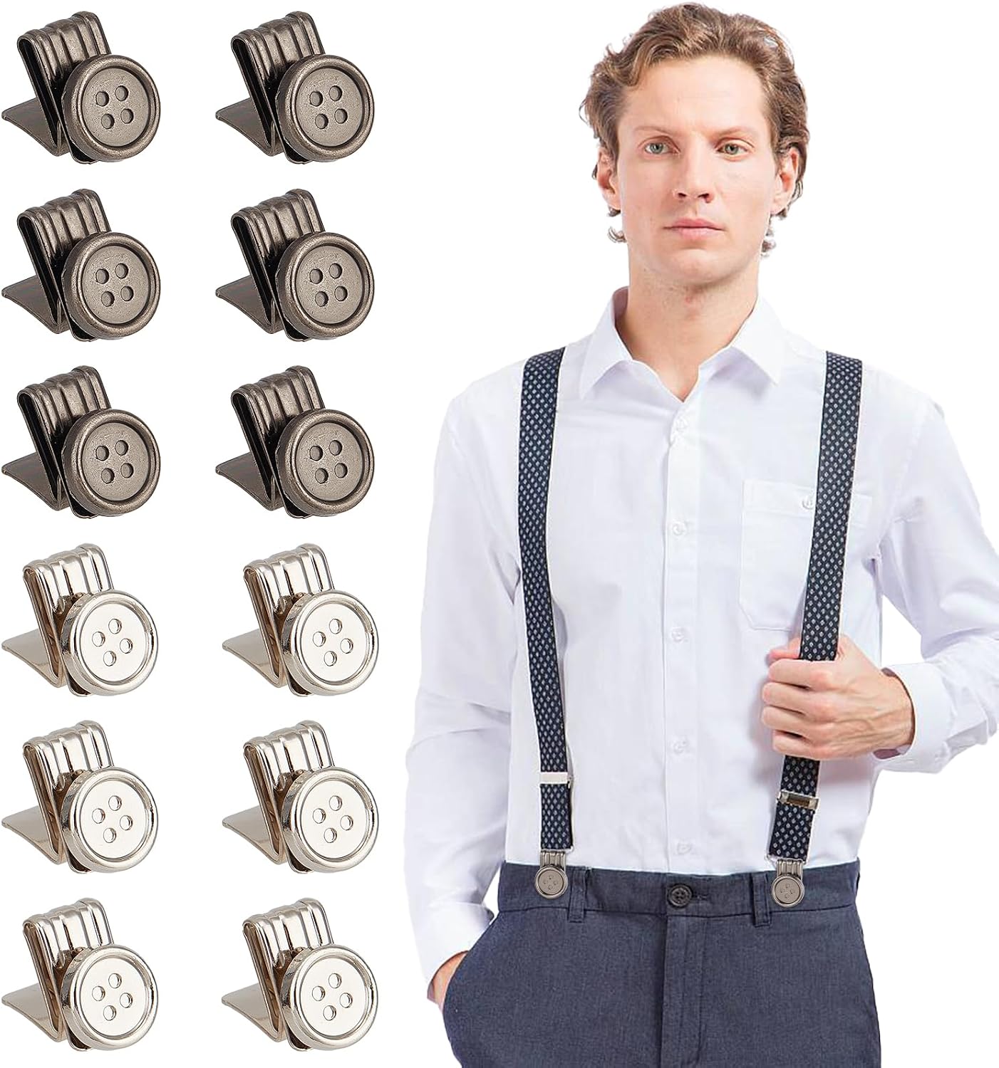 12 PCS Alloy Suspender End Brace Clips, Movable No Sew Button Suspenders Buttons, Metal Clip on Sewing Replacement for Jeans Suspenders Hats Pants