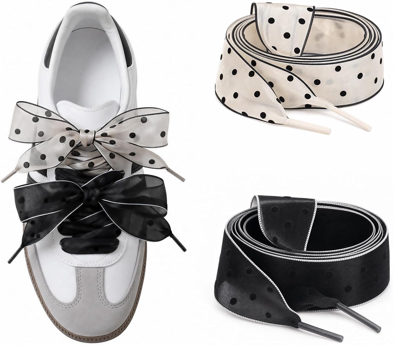 Womens Polka Dot Organza Ribbon Shoe Laces for Sneakers, 2 Pairs
