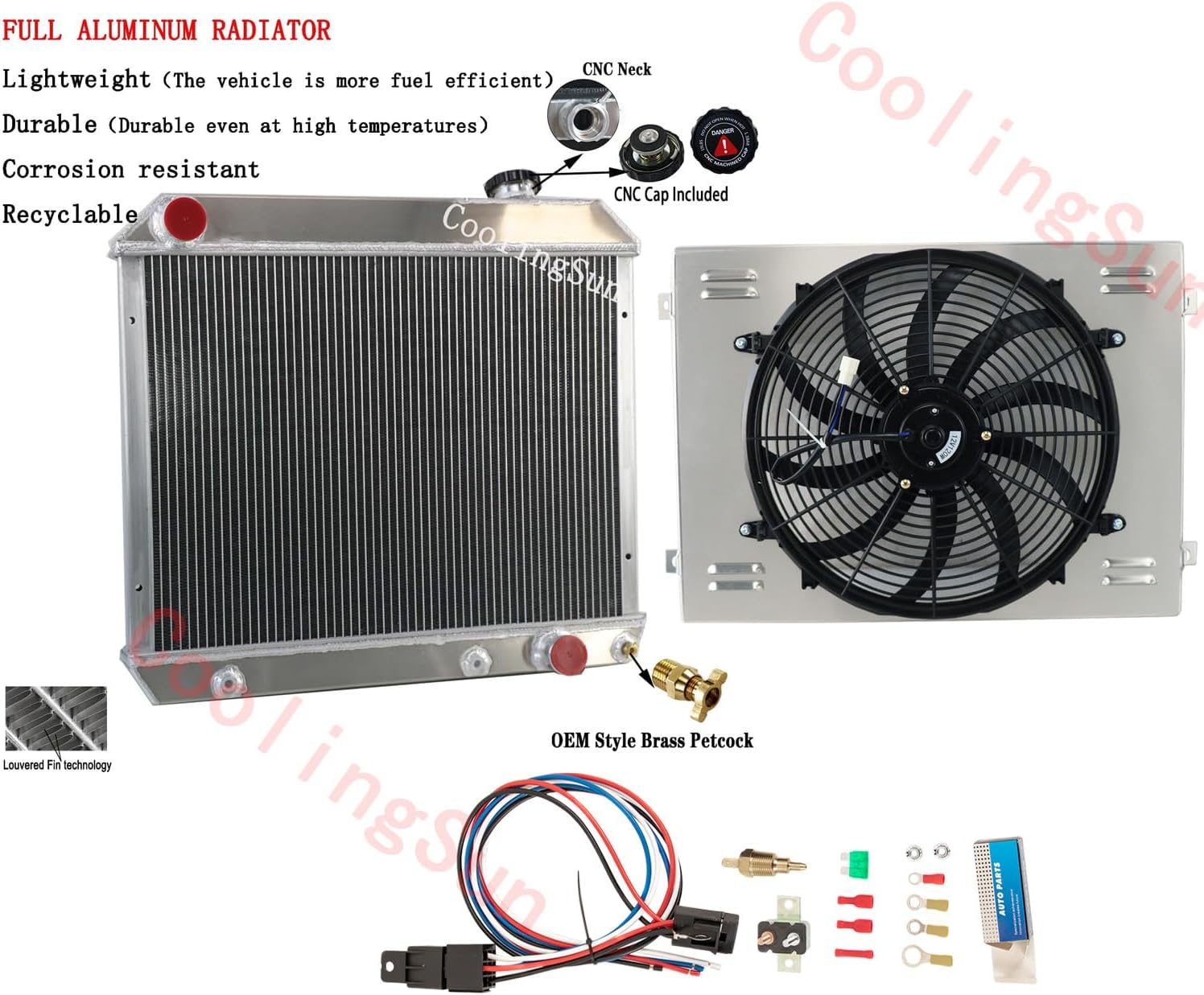 CU284 DPI284 Aluminum Radiator for 1961-1966 Chevy C10 C20 C30 K10 K20 Panel Pickup Suburban, GMC 1000 1500 2500 G1000 Series, Oldsmobile Cutlass F85, Pontiac (3 Row Radiators+16''Fan Shroud+Relay)