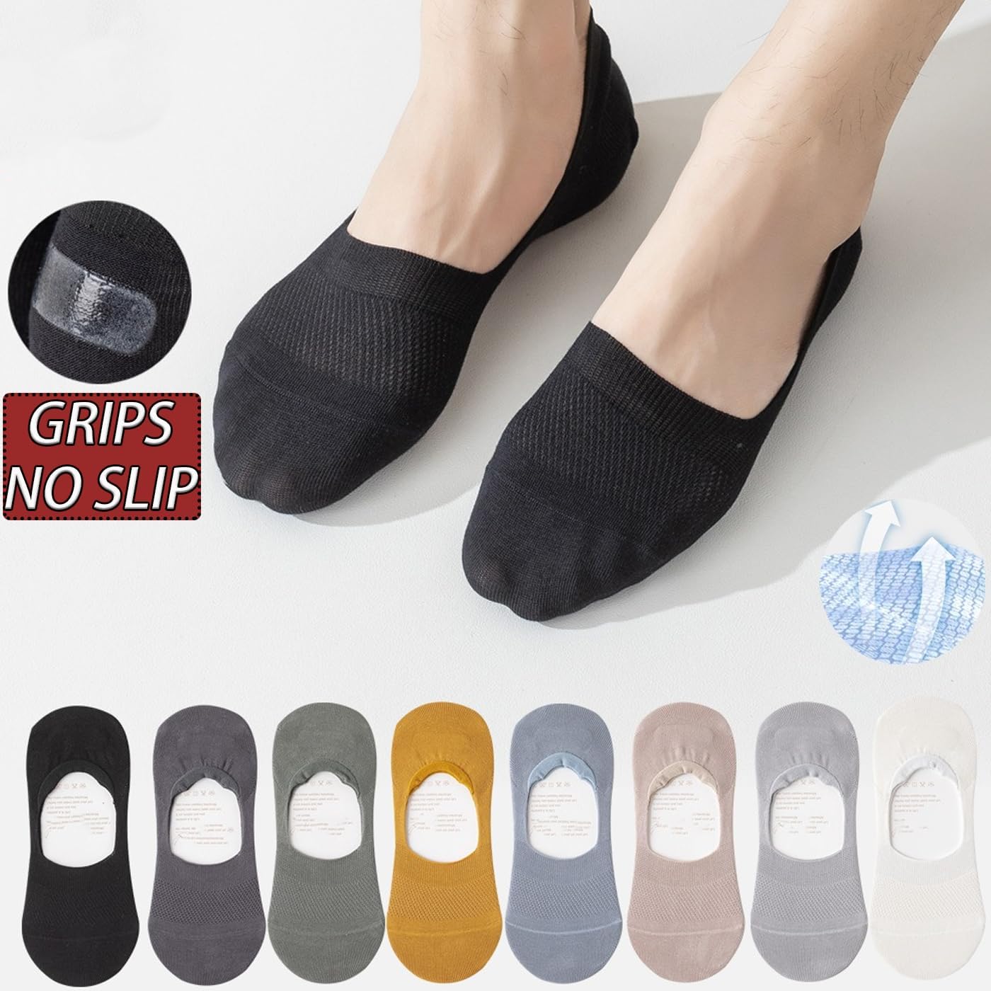 CHUNFO Mens Short Socks No Show Flat Non Slip Grips Invisible Loafers Sneaker Cotton Sock Footie Size 5-9.5 9.5-11.5