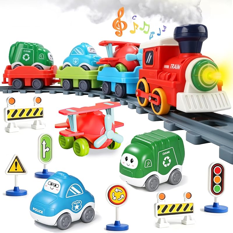 Juego de tren eléctrico para niños pequeños con vapor, luces y música | Presentado con un auto de policía Push & Go, un camión de basura y un avión de juguete, regalo de cumpleaños ideal para niños, niñas y niños.