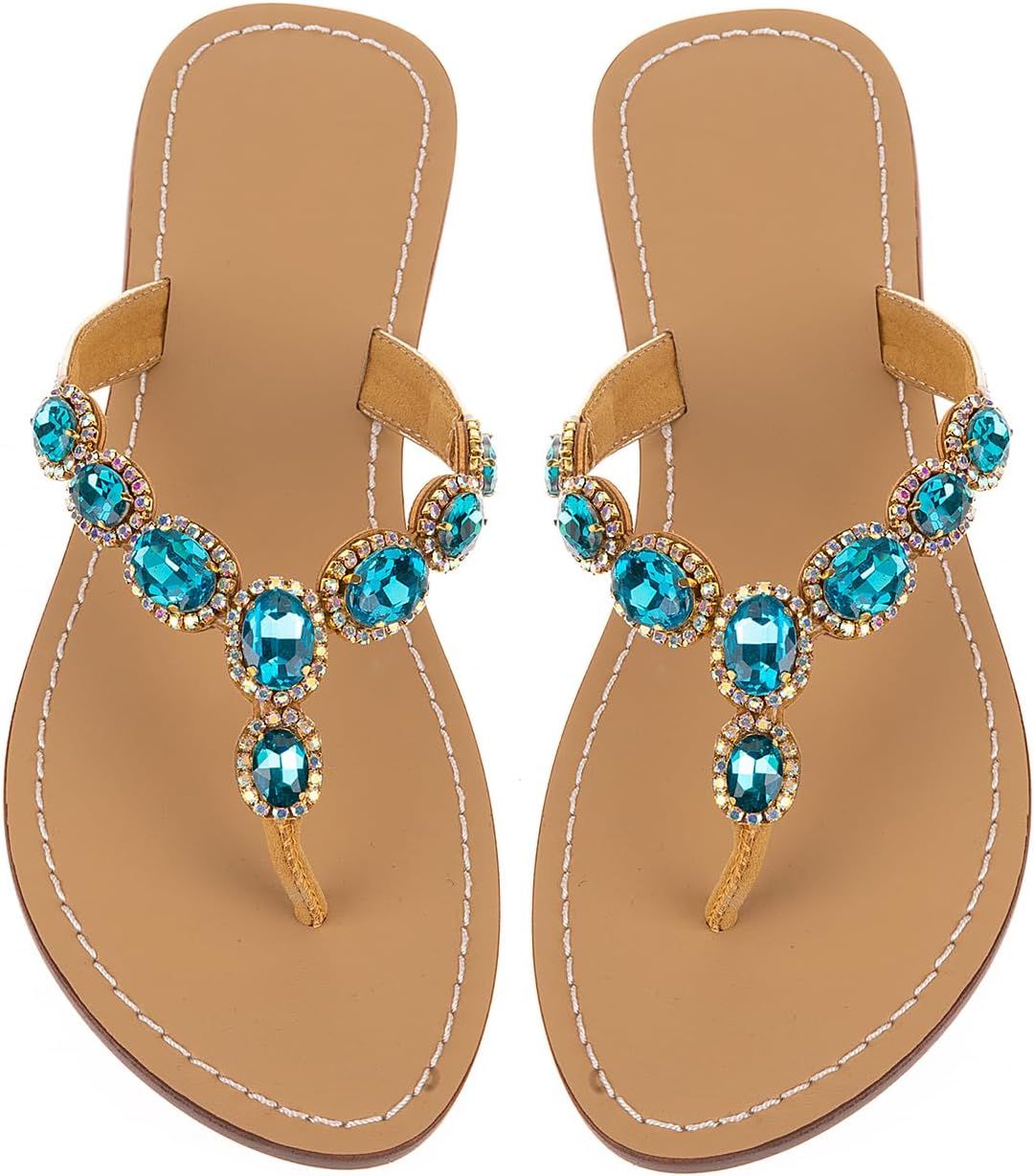 UTIKLIOU Women's Rhinestone Flat Sandals T-Strap Thong Sandals Summer Flat Sandals Flip Flop Sandals for Women
