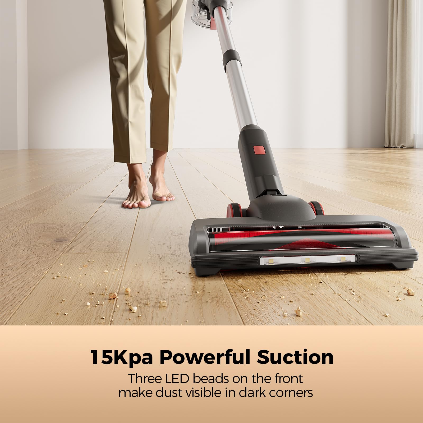 L6 Aspirapolvere Senza Fili, 4-in-1 Scopa Elettrica Senza Fili Potenze, Antigroviglio Aspirapolvere Verticale Potente 15Kpa, Leggero & Versatile per Tappeti, Pavimenti, Capelli