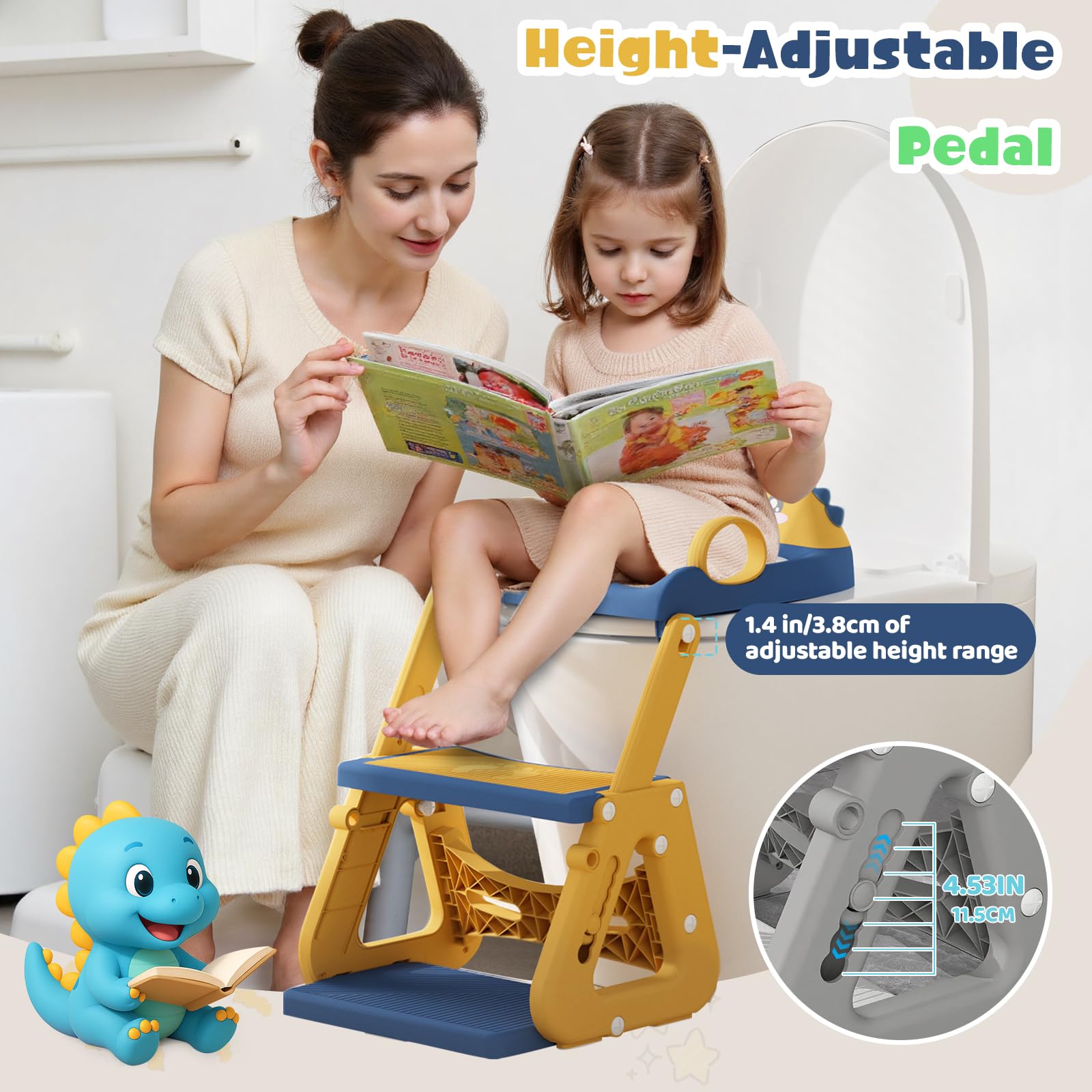 Riduttore Wc Bambini con Scaletta, 2 In 1 Scaletta Wc Per Water Bambini con Struttura a Triangolo, Paraspruzzi Estesi Regolabile e Pieghevole Sgabello Antiscivolo, Adattatore per Bambino e Cuscino