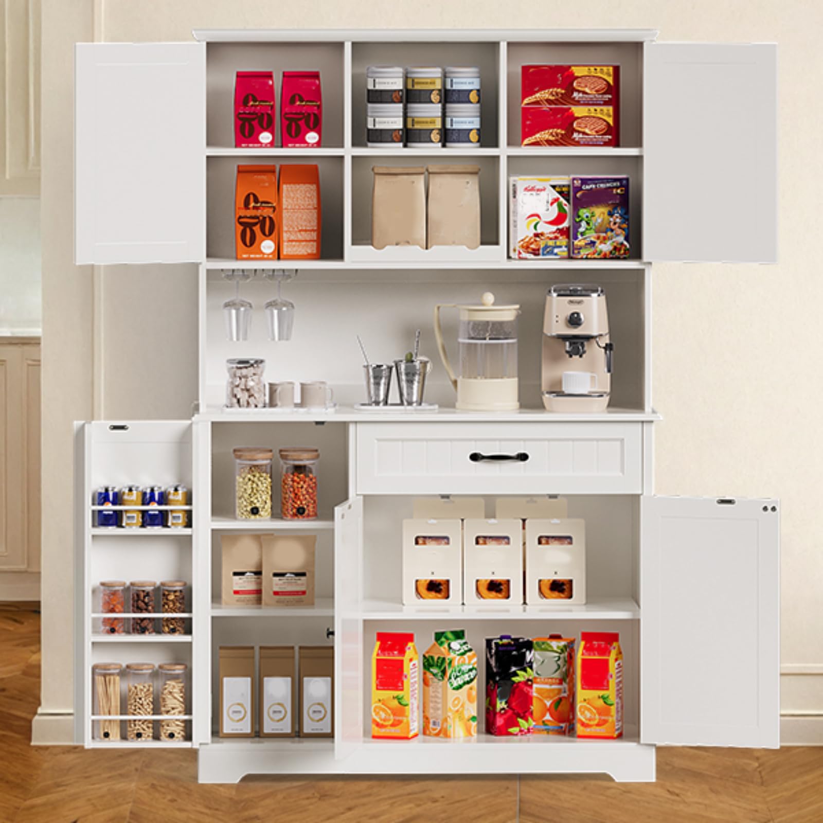 Gizoon Gabinete de despensa de cocina de 67 pulgadas con estante para microondas, armario alto para barra de café con puertas y estantes, armario de cocina de granja con almacenamiento para cocina,