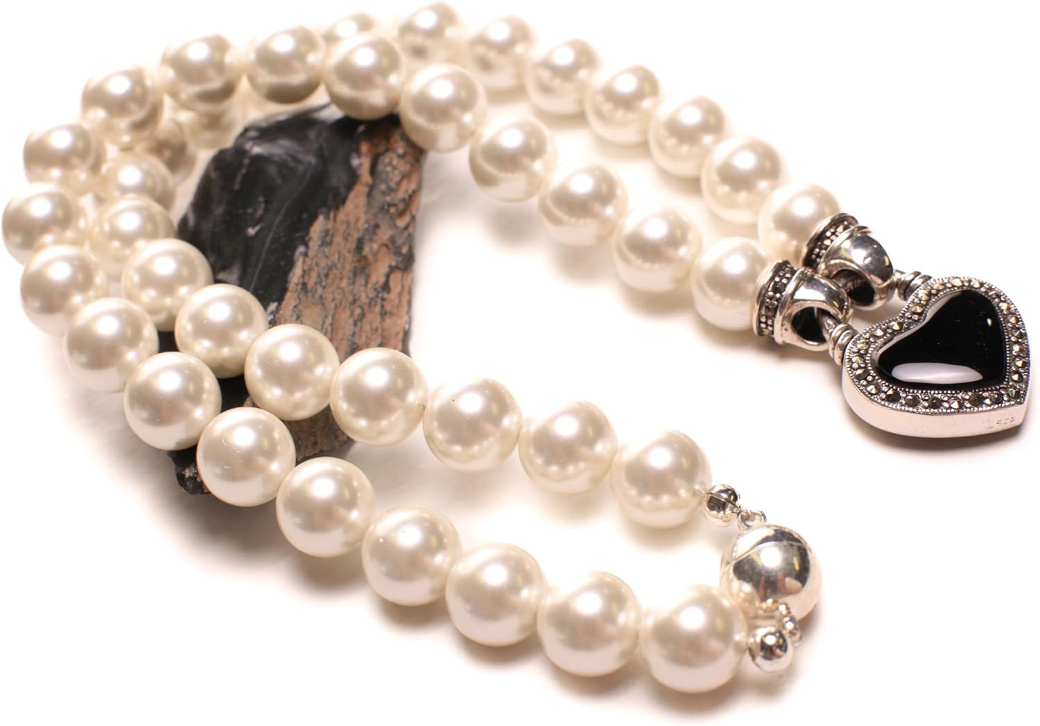 Vintage Marcasite 925 Sterling Silver Focal Double sided Mother of Pearl Black Onyx 25x30mm Heart Pendant 12mm South Seashell Pearl necklace