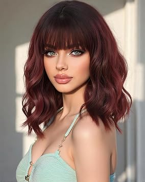 Short Bob Wigs with Bang Synthetic Loose Curly Wavy Bob Wig Black to 99J Burgundy Shoulder Length for Women Girls Daily Short Wavy Colorful Wig
