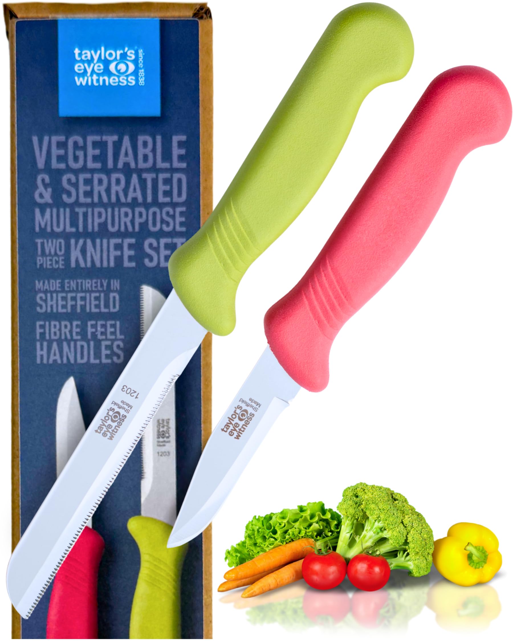 Taylors Eye Witness Sheffield Made Vegetable & Multipurpose Bright Knife Set of 2 - Heavy Duty & Razor Sharp Kitchen Knives with Ultra Fine Precision Ground Stainless Steel Blade & Fibre Grip Handle