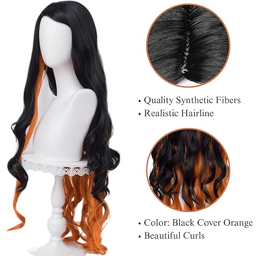 Miniatura 4 de SL Nezuko - Peluca de cosplay + cinta rosa para DS, peluca larga negra y naranja, pelucas de pelo de anime con gorra para fiesta de disfraces de