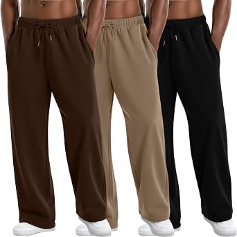 August Alley 3 Pack Mens Lightweight Lounge Pants Straight Leg Open Bottom Thin Baggy Drawstring Sweatpant with 3 Pockets
