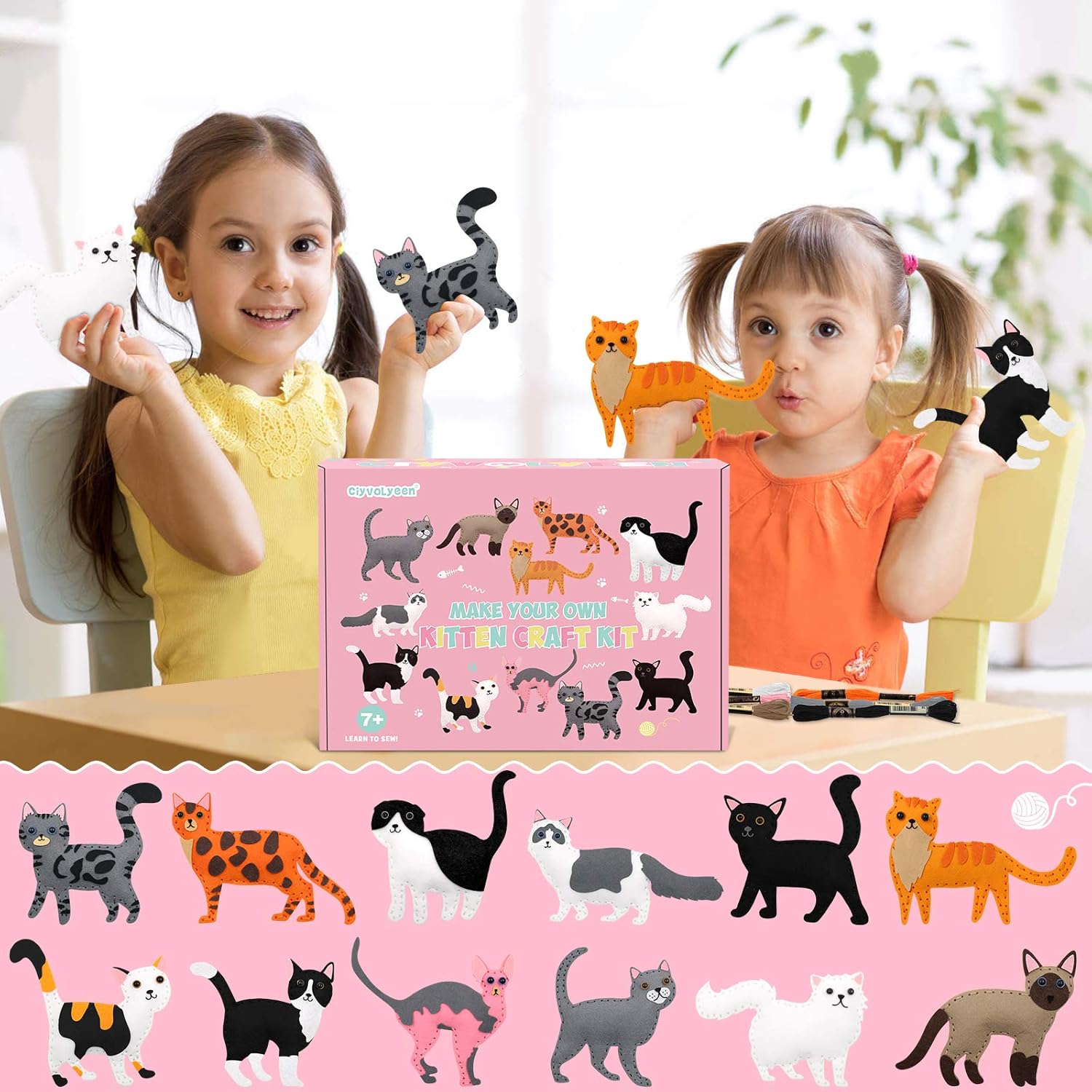 CiyvoLyeen Kitten Craft Kit Kids DIY Crafting and Sewing Set Kitty Cat Stuffed Animal Felt Plushies for Girls and Boys Educational Beginners Sewing Gift Ideas : Toys & Games