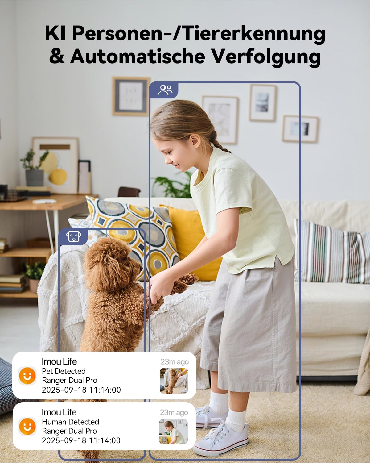 Imou 4MP+4MP Dual Kameras Überwachungskamera Innen mit 2.4/5GHz WLAN, KI-Person/Haustiererkennung, 360° PTZ WLAN Indoor Hunde Kamera, Farbnachtsicht, Smart Tracking, 2-Wege-Audio, Sirene, Modus Privat