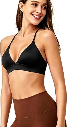 Queerier Womens Sports Bra Deep V Neck Triangle Workout Bra Adjustable Strappy Yoga Gym Bras Everyday Causal Bra