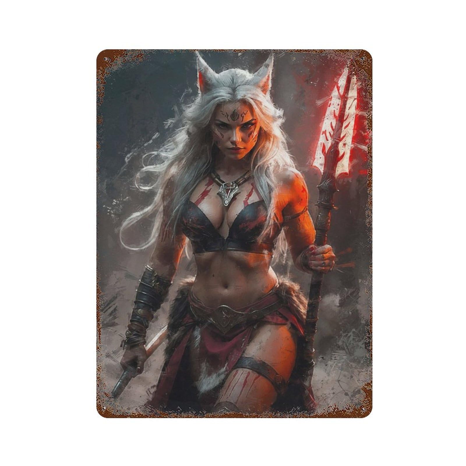 Distressed Metal Wall Sign with A Kitsune Barbarians Wrath Design 15.7"x11.8", for Farmhouse, Kitchen And Entryway Decor, Old School Wall Decor
