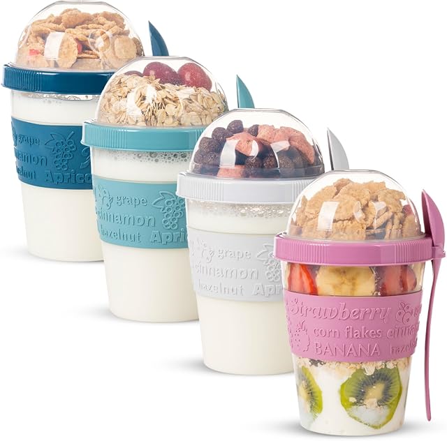EYNEL On The Go Cereal Yogurt Cups with Lids and Spoon, Overnight Oats Container, Reusable Parfait Plastic Milk Jar Breakfast Crunch Granola Oatmeal Smoothie Snack Prep Bowl To Take Along (4 Pack)