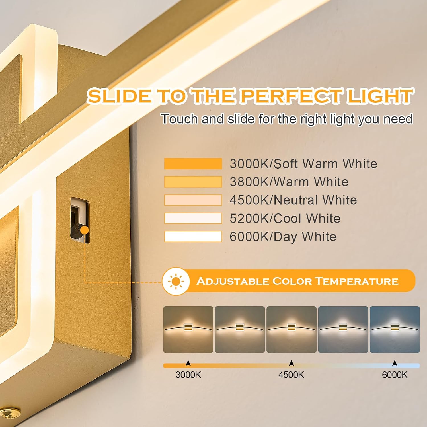 Benkut Modern LED Wall Sconce Gold LED Bathroom Light Fixtures Over Mirror Wall Lighting for Bathroom, Dimmable Long Vanity Light for Bathroom Living Dining Room(5CCT 31.5Inch)