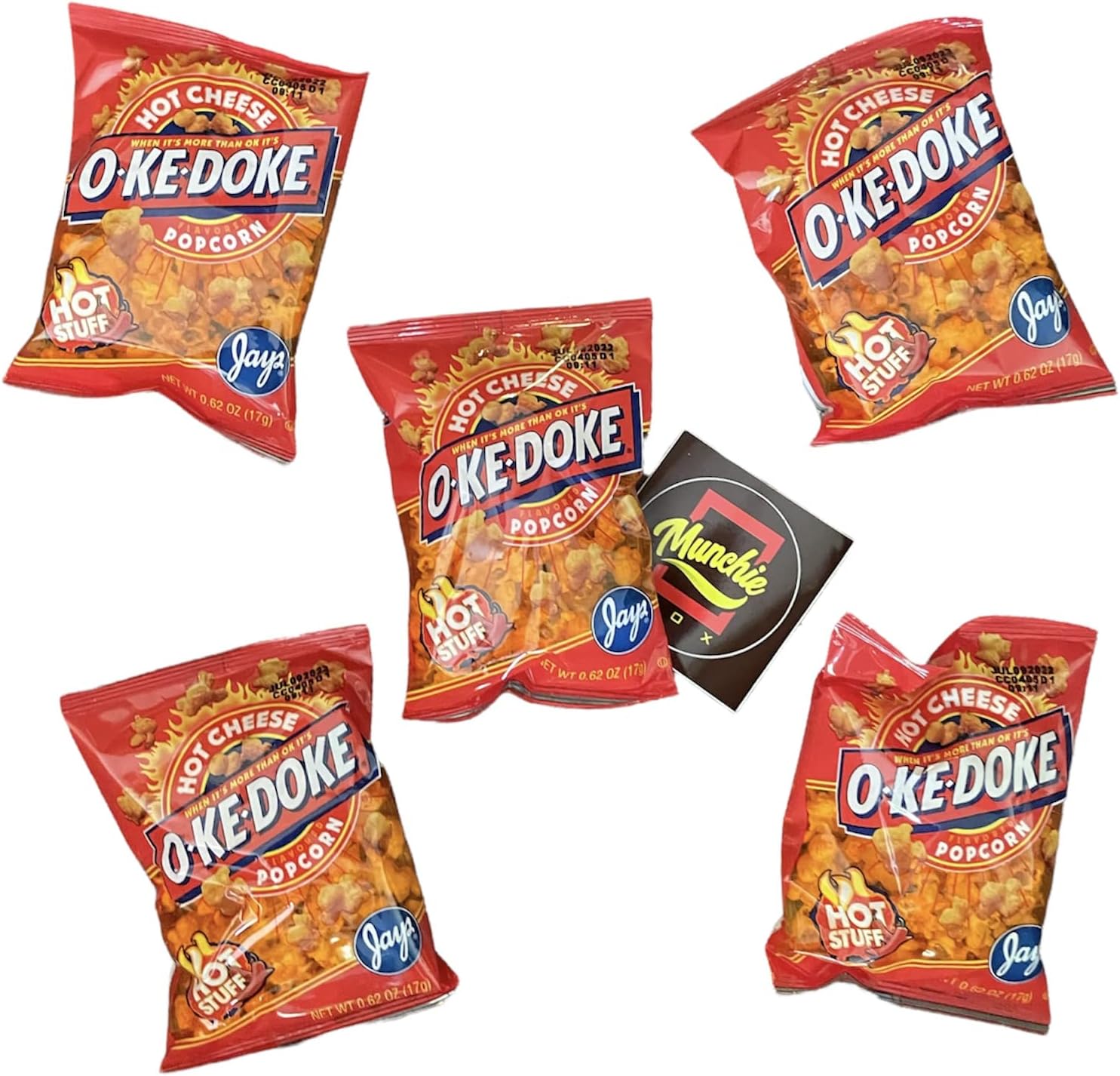 JAY'S O'KE DOKE Popcorn - Munchie Box Bundle Cheese & Hot Cheese .625 oz bags (Pack of (5) .625 Oz Bags Hot Cheese)