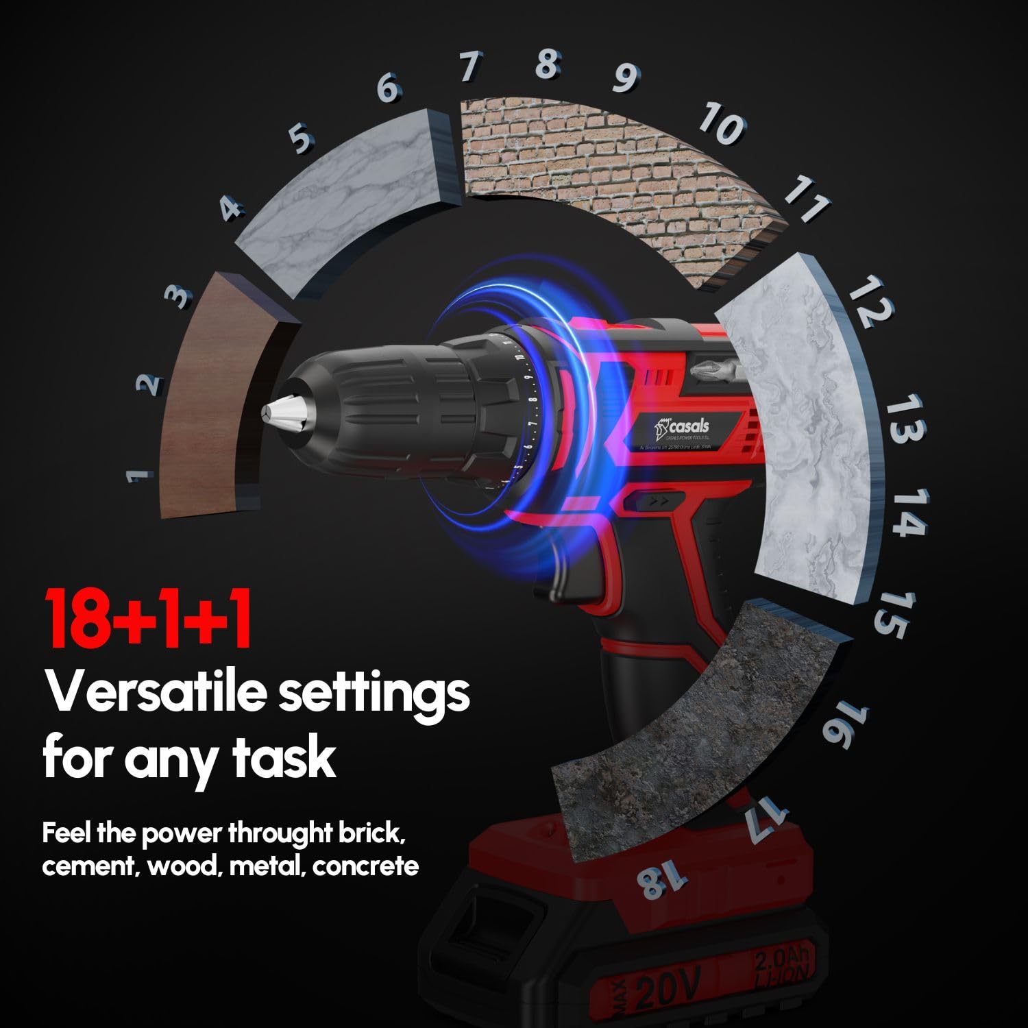 Casals - Taladro Atornillador Electrico 12V | 1400 RPM | 2 Baterías | 1500mAh Batería Larga Duración | 18+1 Posiciones | 9 Brocas + 9 Llaves + 4 Puntas + Eje Flexible + Adaptador Hexagonal + Maletín