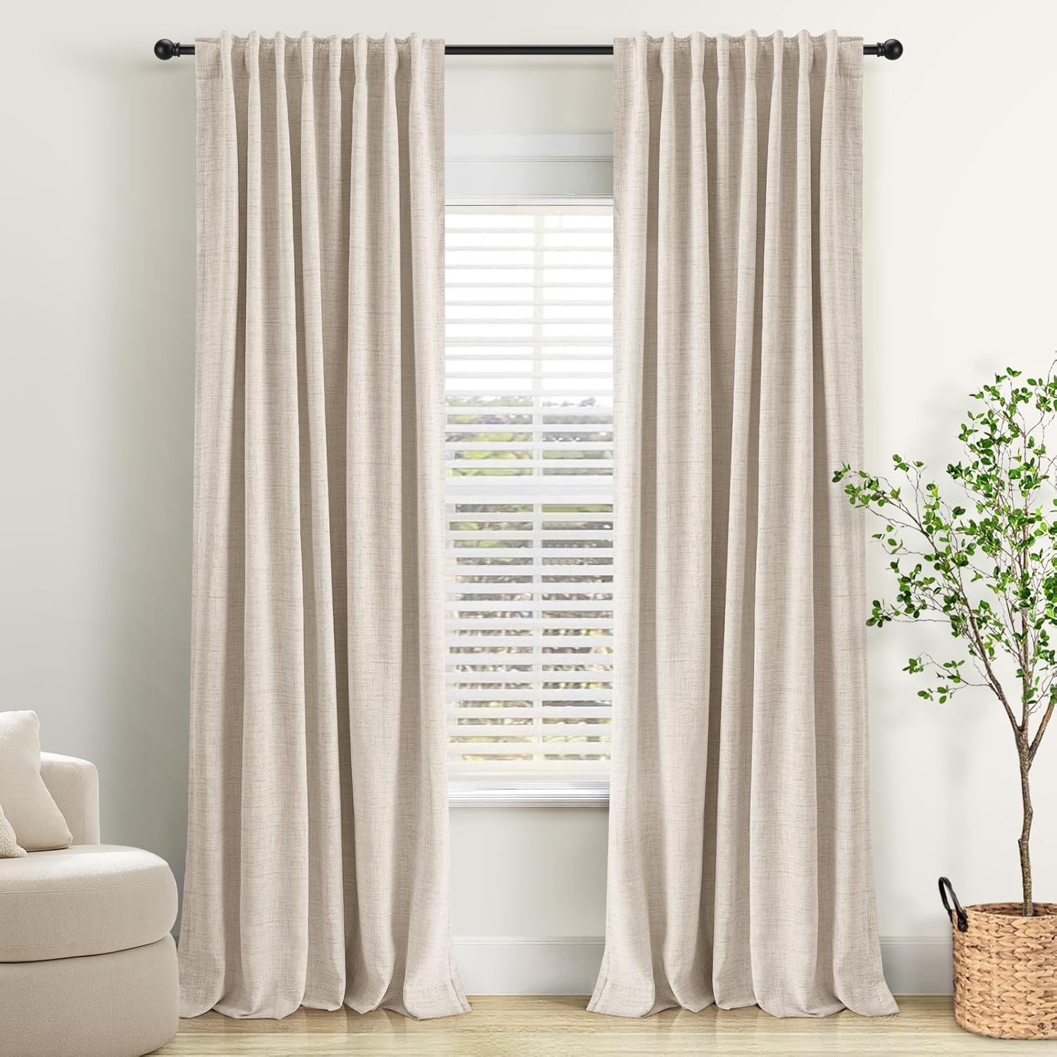 INOVADAY 100% Blackout Curtains 84 Inches Length 2 Panels Set, Back Tab/Rod Pocket Linen Black Out Curtains for Bedroom, Thermal Insulated Window Drapes – Cream, W50 X L84