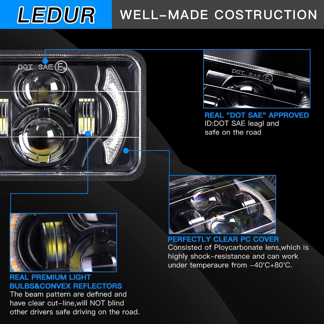 LEDUR 4x6 LED Headlights DOT Approved 4pcs With Turn Signal DRL Hi/Low Sealed Beam Rectangle H6545 Led Head Light with H4651 H4652 H4656 H4666 H6545 for Kenworth T800 W900 T600 Freightline