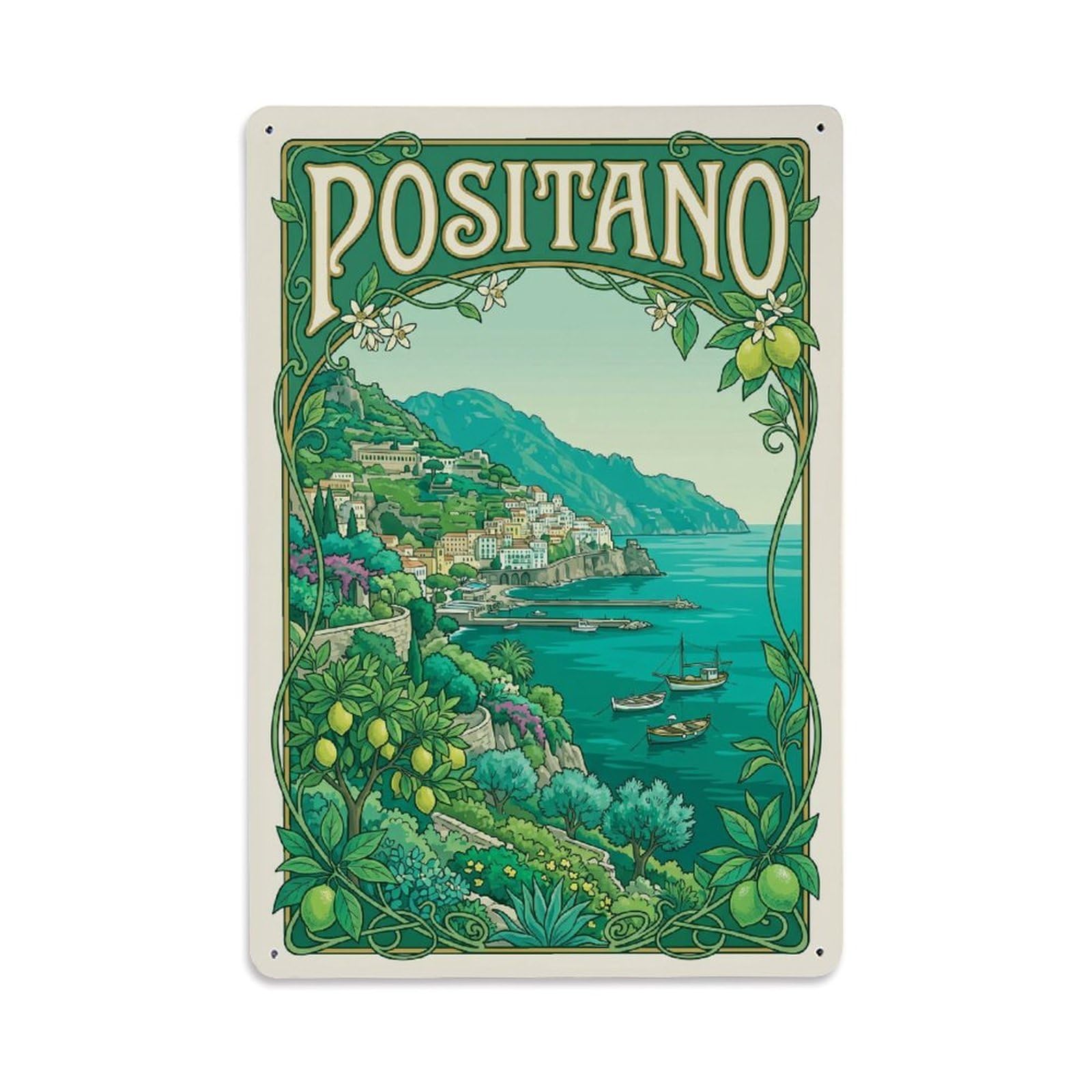 Vintage Travel Positano Italy Jade Metal Tin Sign Plaque Wall Decor for Cafe, Club Bar, Office, Garden Metal Poster 8x12Inch