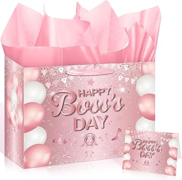 MOORIIY 1PC Rose Gold Boss Day Gift Bag for Women, Happy Boss Day Gift Wrapping Paper Bag with Greeting Card and Tissue Paper for Boss Lady Gifts Bag