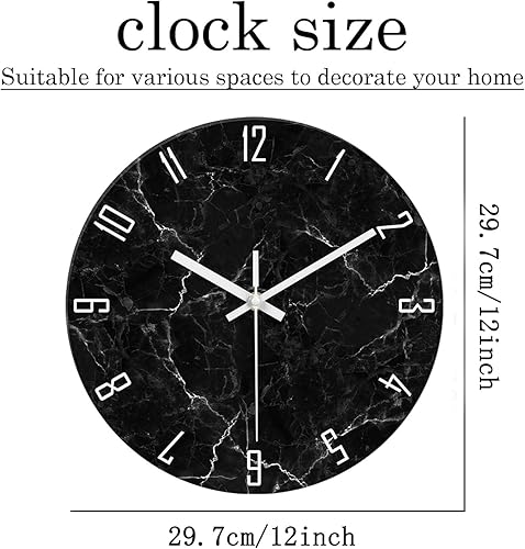 Miniatura 6 de Relojes de pared minimalistas negros para sala de estar, relojes de pared con patrón de mármol de vidrio, funciona con pilas, reloj de pared