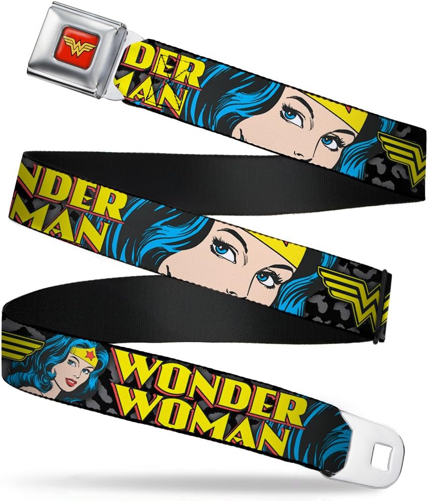 Buckle-Down Seatbelt Belt - WONDER WOMAN w/Face C/U Leopard Black/Gray