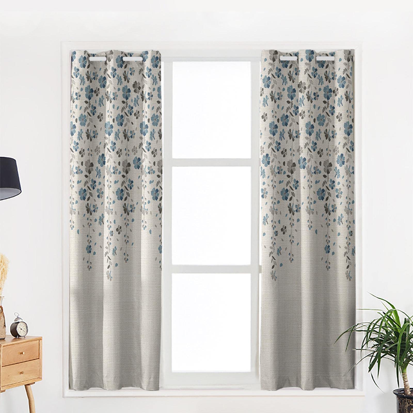 Bleu Gris Fleur Coton Lin Moderne Salon Cuisine fenêtre s Maison Chambre Enfants Chambre décorative s WxL-229x117cm(90x46in) x2