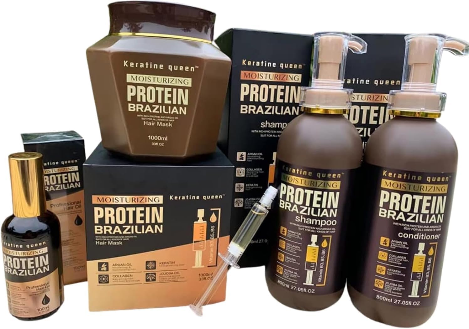 Moisturizing Protein Brazilian Professional Treatment for Repair, Nourishment & Beauty. SHAMPOO, CONDITIONER, Hair MASK and Hair SYRUM. (Full Set (4))