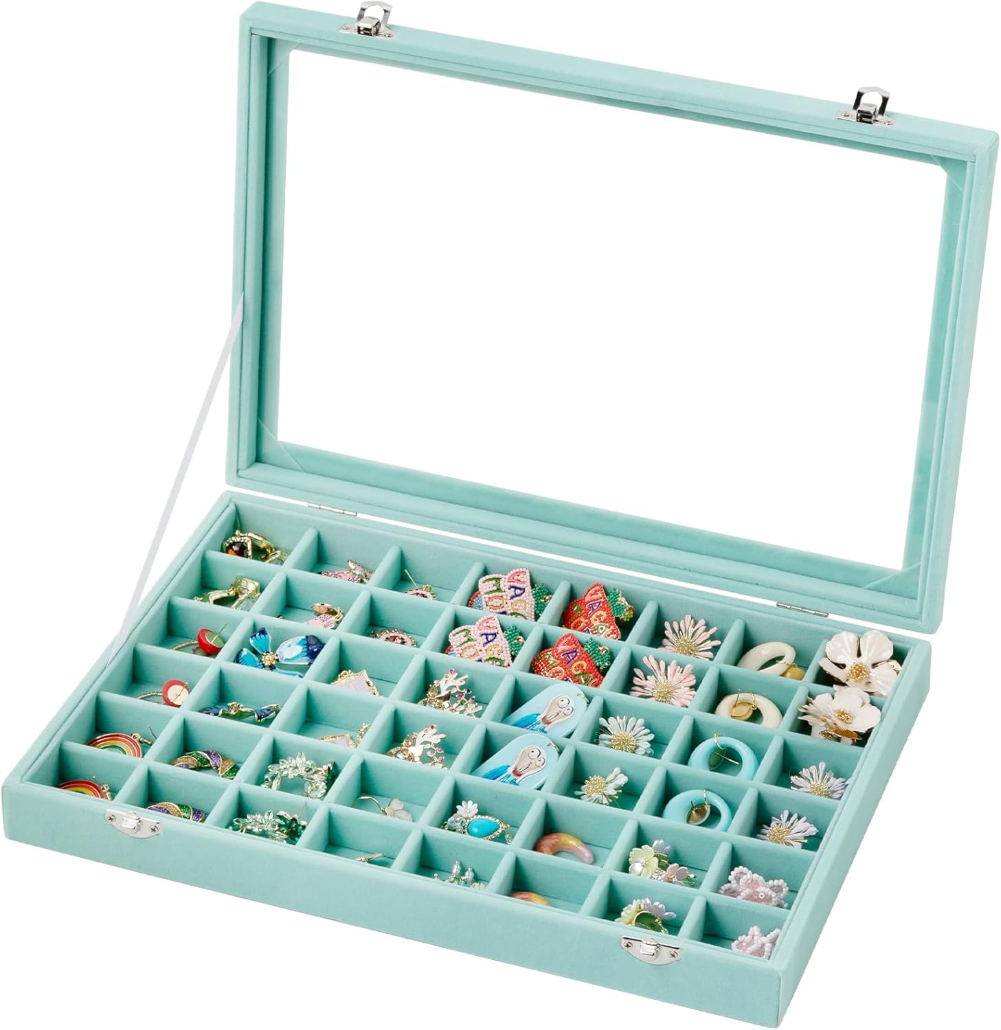 Frebeauty 48 Grid Jewelry Tray,Adjustable Earring Holder Organizer with Glass Lid,Velvet Drawer Jewelry Organizer for Rings,Studs,13.8 x 9.5 x 2 Inches Jewelry Display Box,Gift for Women(Turquoise)