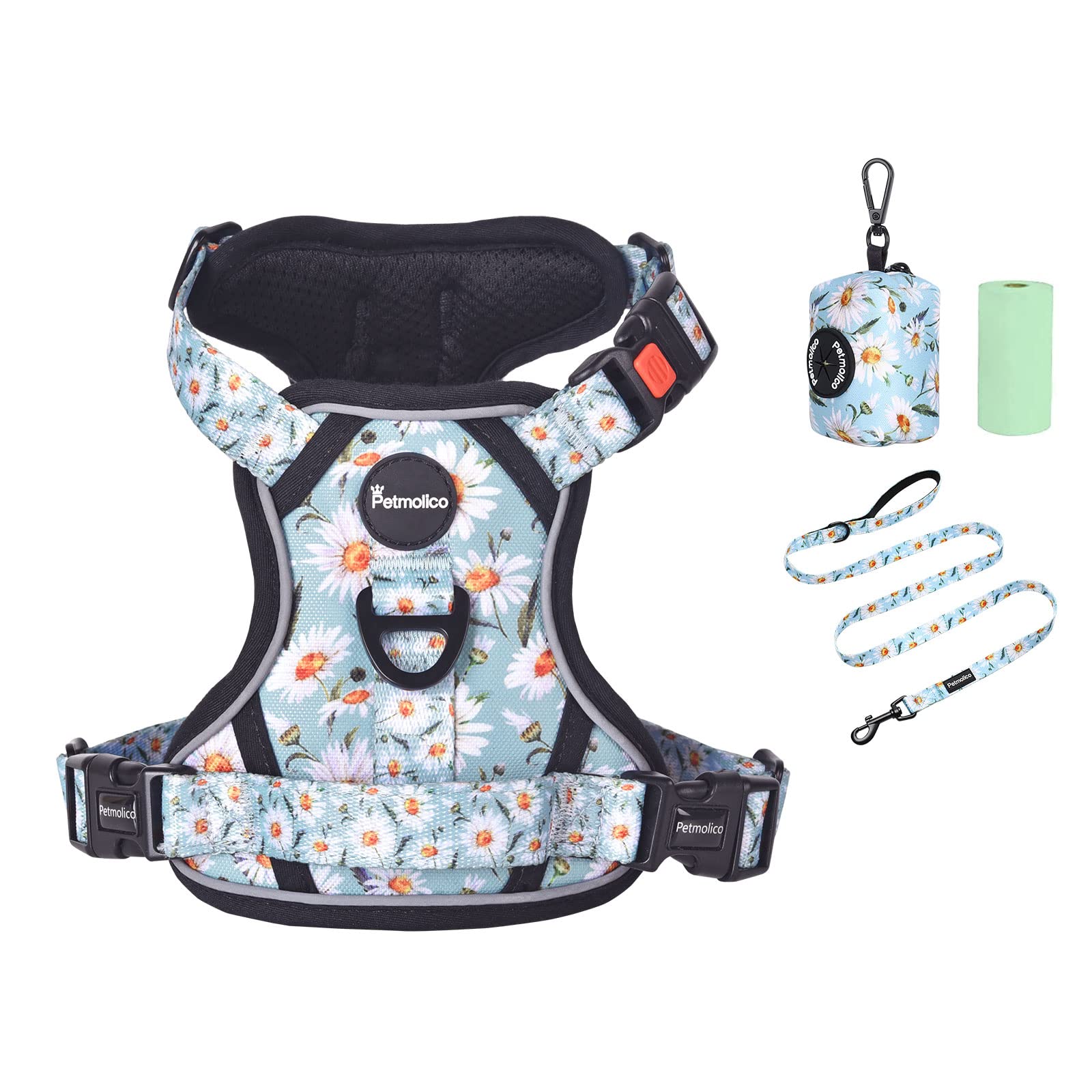 Petmolico No Pull Dog Harness Set with Leash Attachment Easy Control Handle Reflective Harness Vest Small Breed, Puppy Vest and Leash Set with Poop Bag Holder, Medium - Daisy — image 1