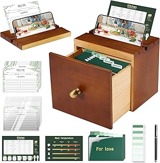 Recipe Box with Cards and Dividers, Wooden Recipe Box Set with 100 Recip...