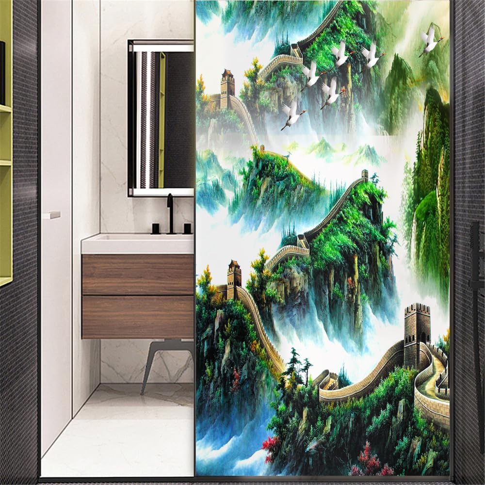 Privacy Windows Film 09A Chinese Landscape Painting Stained Glass No Glue Static Cling Decorative Window Stickers 89x180cm(35"" x70.9)