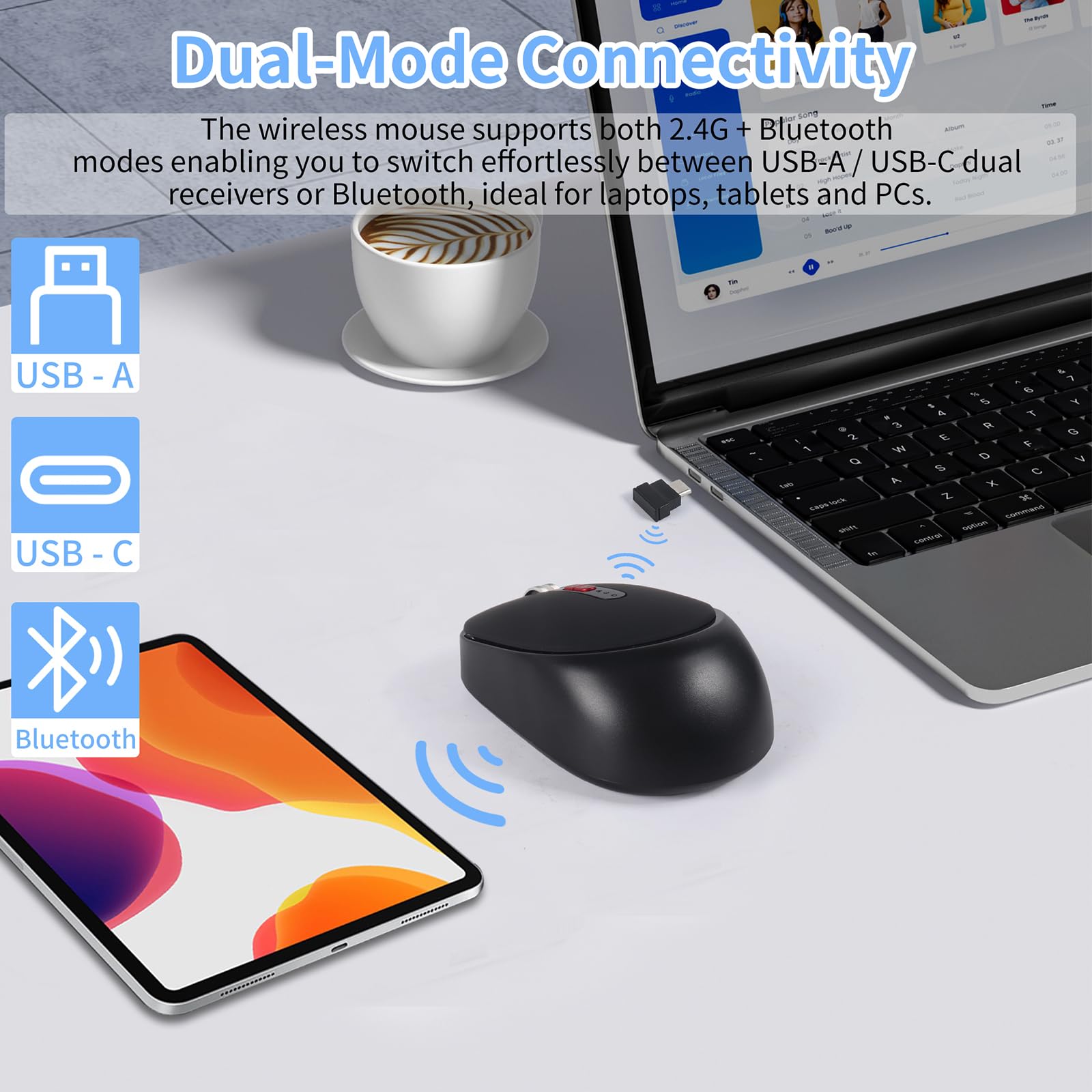 Dual Mode Wireless Bluetooth Maus - USB-C & USB-A Empfänger, wiederaufladbar Silent Click für Laptop, Tablet, PC - Perfekt für Studenten & Profis, reisefreundlich (Schwarz)