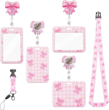 DAYUMKOU 5-Piece Set Retractable Badge Holders Set with Lanyards for ID Badges, Includes 1 Horizontal & 1 Vertical Holder, 2 Pink Ribbon Bow Reels & 1 Lanyard for Nurse Teacher Office