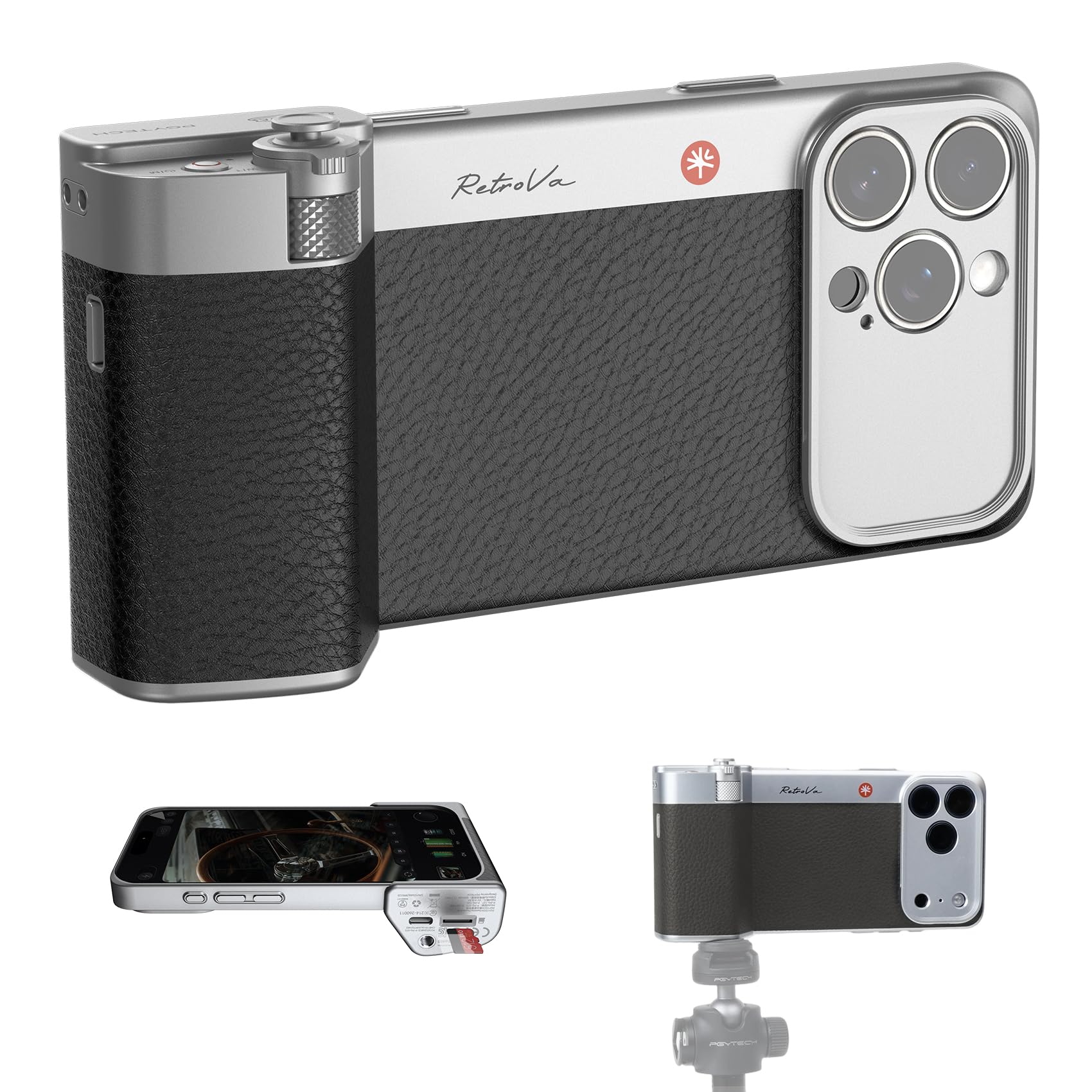 PGYTECH Kit de Empuñadura RetroVa para iPhone 16 Pro MAX, con Funda Vintage, Mango Bluetooth para Smartphone, Ranura MicroSD, Rosca 1/4"-20, Controles Físicos e Integración con Aplicación