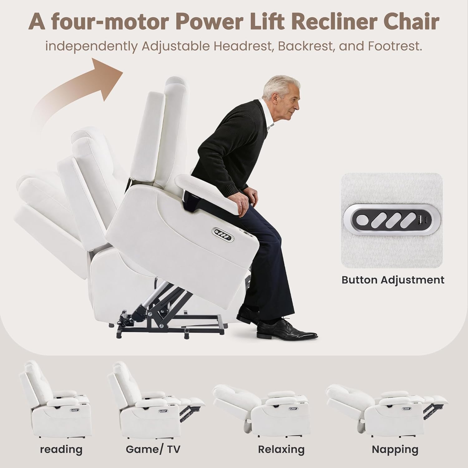 GRAINELL 4-Motor Power Lift Recliner Chair with Independent Backrest & Footrest Adjustment, Adjustable Headrest & Armrests, Massage & Heat for Elderly, USB, Cup Holders, Beige