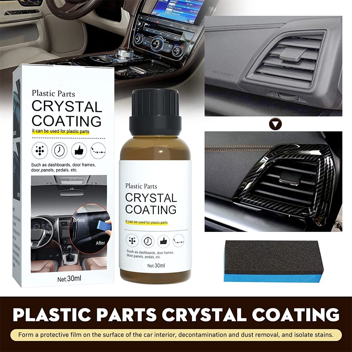 Cristal Coating para Plástico Del Carro, Naidashi Plastic Parts Crystal Coating for Car with Sponge, Plastic Parts Refurbish Agent with Instant Detailing Sponges (1Pcs)