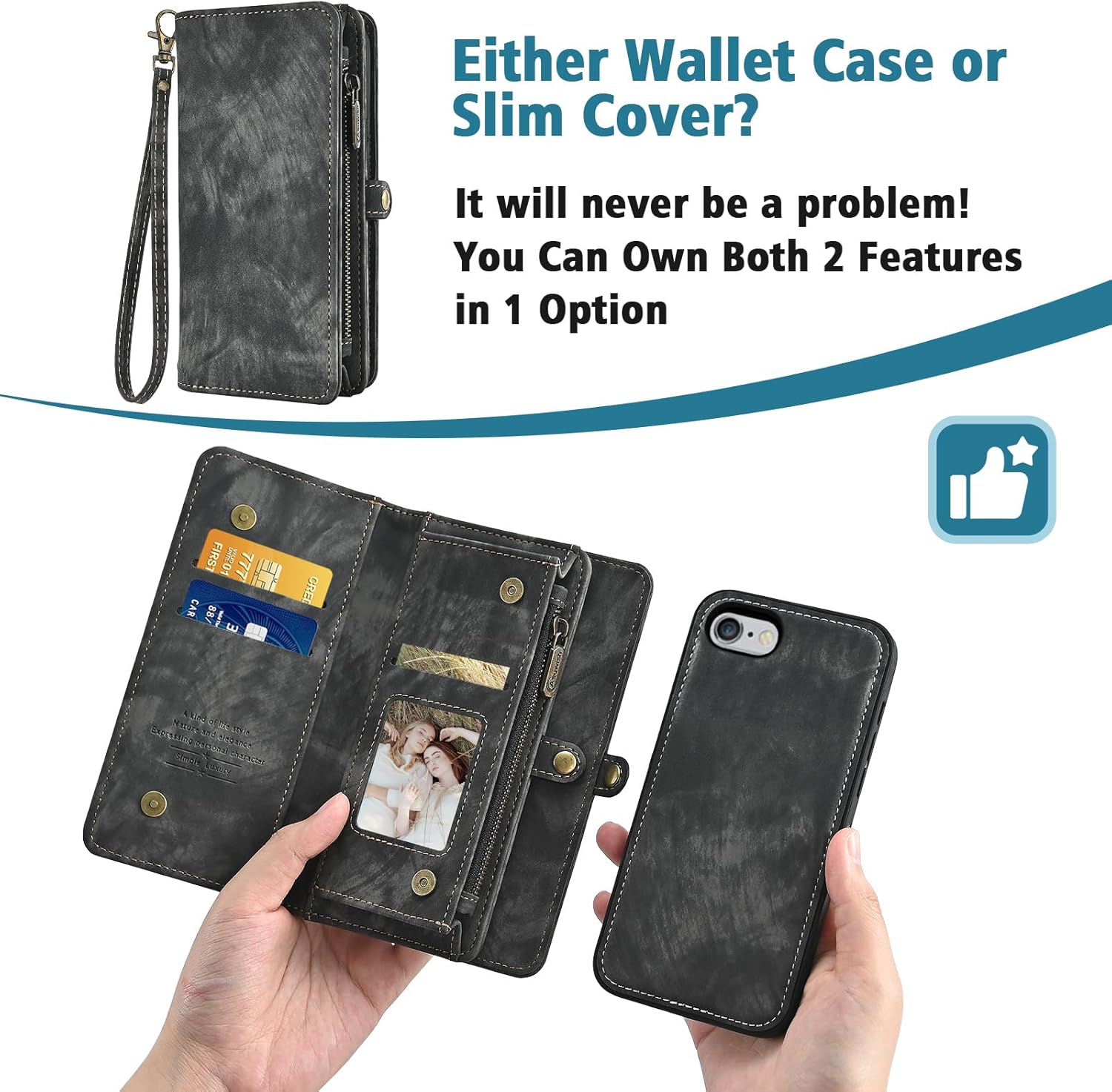 Asuwish Phone Case for iPhone 6 6s Zipper Wallet Detachable Cell Cover with Tempered Glass Screen Protector Strap Flip Card Holder Slot iPhone6 Six i6 S iPhone6s i Phone6s Phone6 6a S6 6SE Women Black