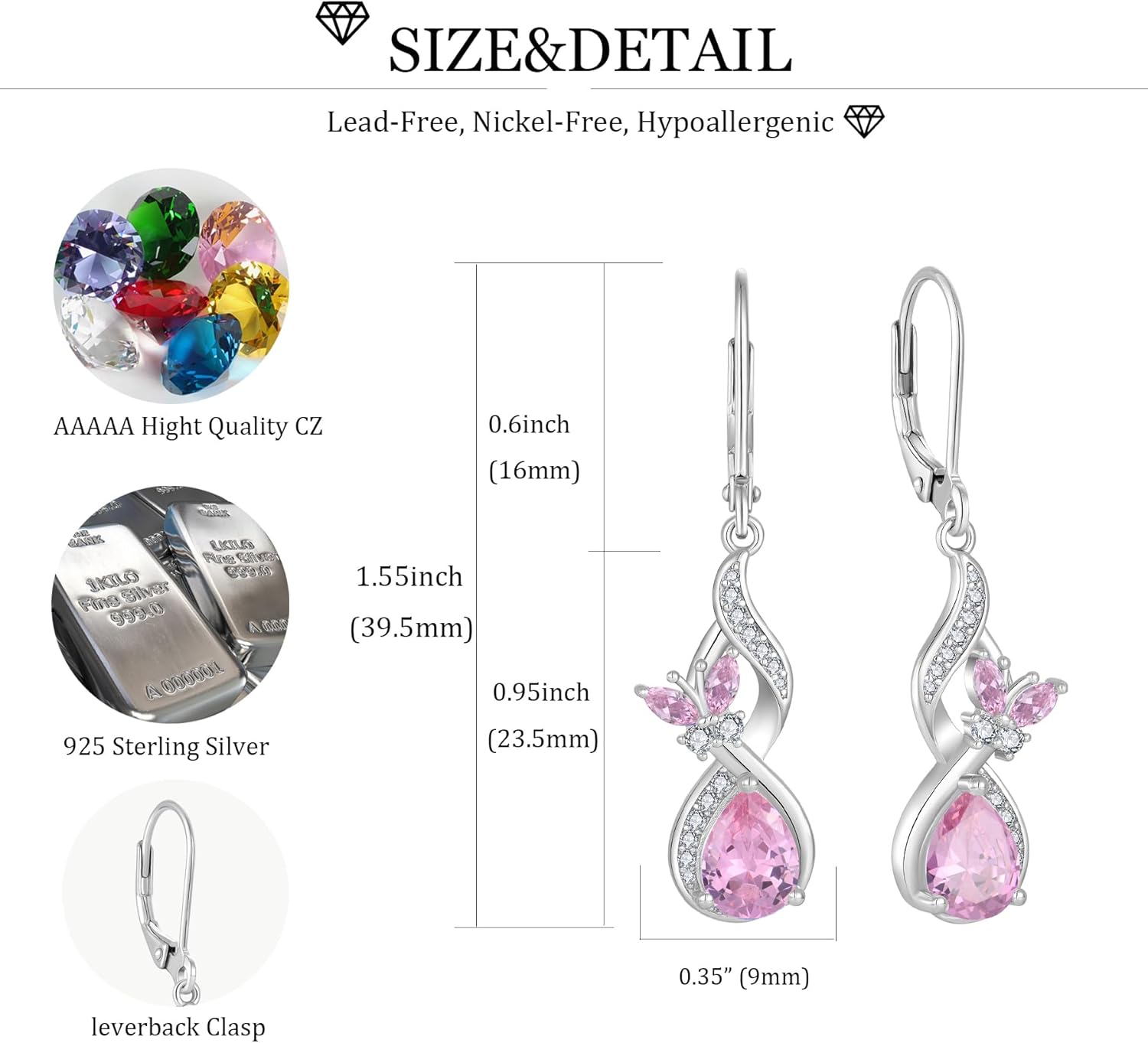 Infinity Earrings for Women,925 Sterling Silver Birthstone Butterfly Leverback Earrings Hypoallergenic Jewelry for Women