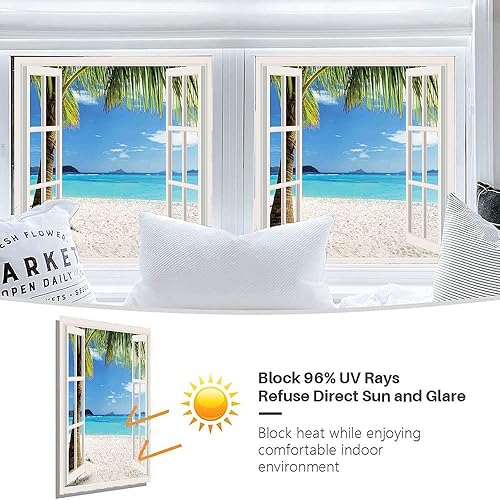 Vista 70 de Tropic - Película 3D para ventana, palmeras tropicales oceánicas en isla soleada, imagen panorámica, para puerta de cristal, baño, sala de estar