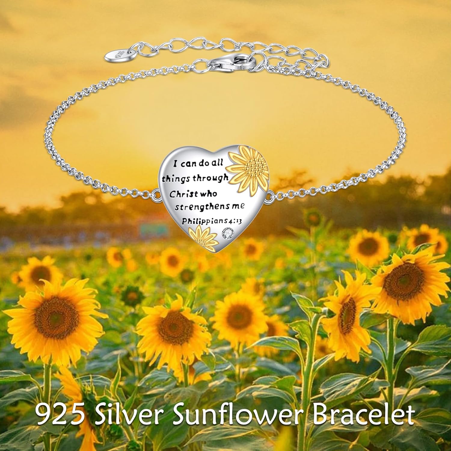 POPLYKE Philippians 4:13 Bracelet Sterling Silver Sunflower Heart Adjustable I Can Do All Things Bracelet for Women Bracelet
