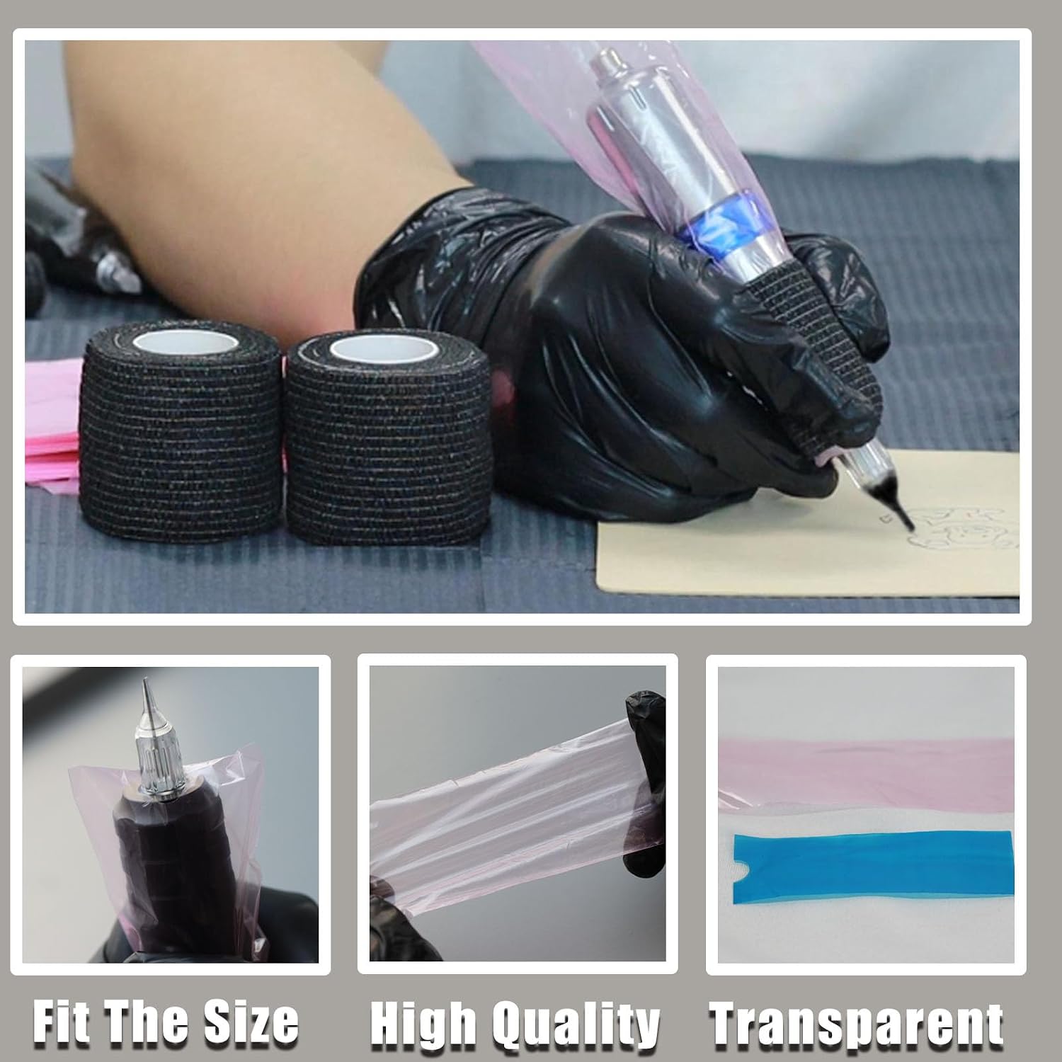 Large Machine Covers with Grip Tape Wrap - NAQASE 200pcs Pink Large Machine Pen Covers Sleeves Grip Cover Wrap and 3pcs Bandages Elastic Grips Tape Wraps