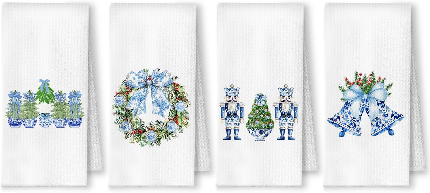 Blue Chinoiserie Christmas Kitchen Towels, Grandmillennial Christmas Dish Tea Towels, Blue White Xmas Tree Wreath Nutcracker Bell Decorative Hand Towels for Bathroom, 16x24 Inch Set of 4